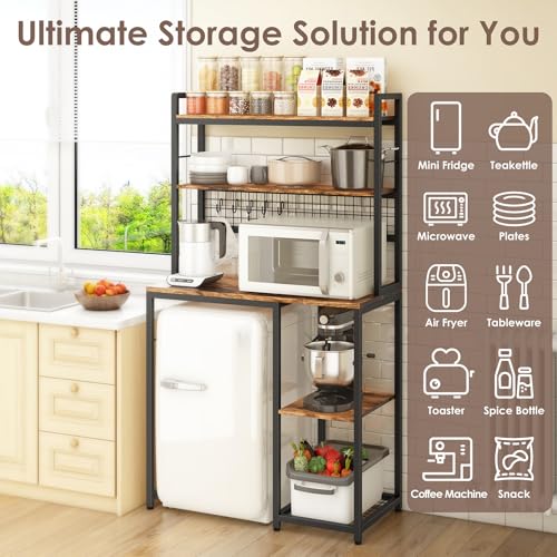 Wooden Mini Fridge Stand with Microwave Shelf and Built-in Power Outlet