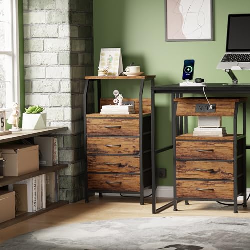 Nightstand with Charging Station and 3 Fabric Drawers, Rustic Side Table