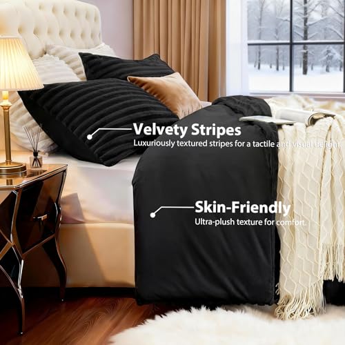 Fluffy Queen Comforter Set - 3 Piece Soft Faux Fur Stripe Bedding Set