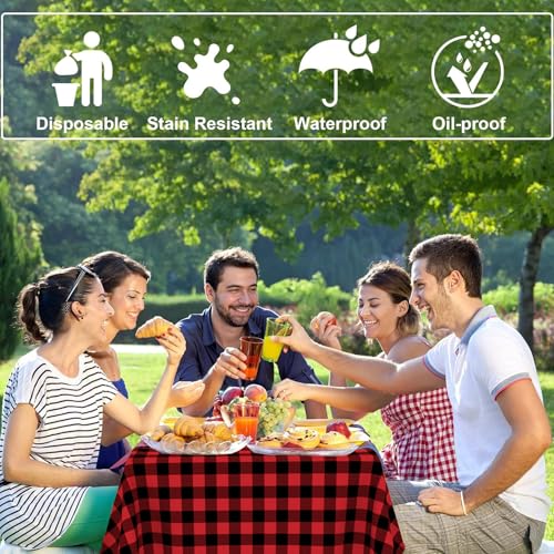 CINSOEN 4 Pack Red & Black Checkered Tablecloth 54x108 Inch Disposable Gingham Plastic