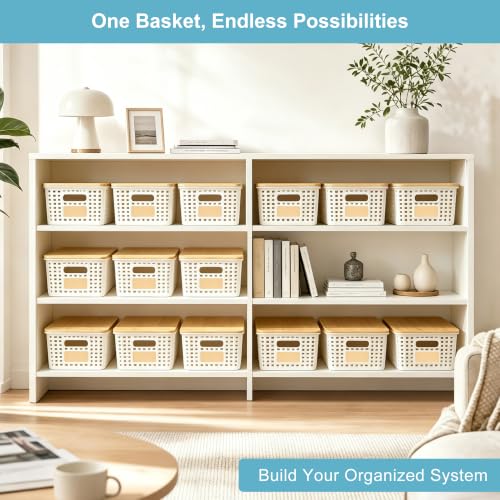 Small Plastic Storage Bins with Bamboo Lids Stackable 6-Pack Cream White