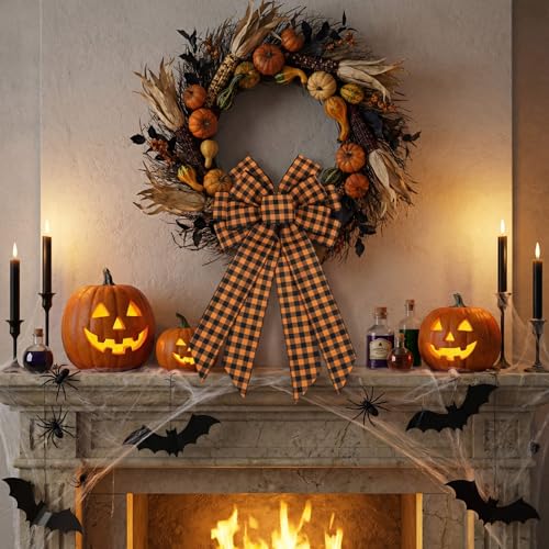 Large Buffalo Plaid Wreath Bow - 11x20 Inch Orange & Black Fall Decor