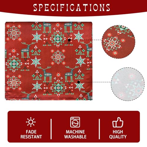 Christmas Table Runner 13x72 Red with Reindeer and Snowflake Geometric Pattern