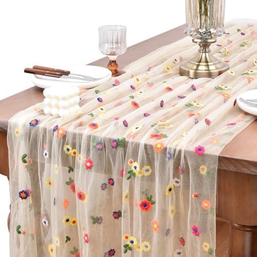 Embroidered Daisy Tulle Table Runner 10ft Floral Table Decor for Weddings