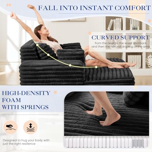 Oversized Faux Fur Chaise Lounge Sofa with Pillows, Black