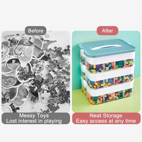 3-Layer Stackable Toy Storage Organizer with Building Plate Lid - Green