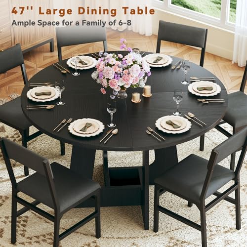 7-Piece Round Dining Table Set for 6, 47-Inch Kitchen Table with Upholstered Chairs