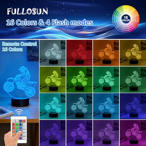 Motocross 3D LED Night Light with Remote Control, 16 Colors for Kids Room