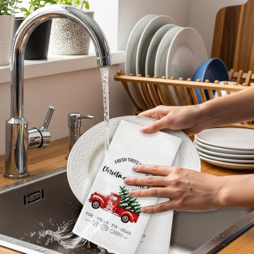 Christmas / 2 Red Truck Bathroom Towels Set - 16x24 Inches, Decorative Hand Towels