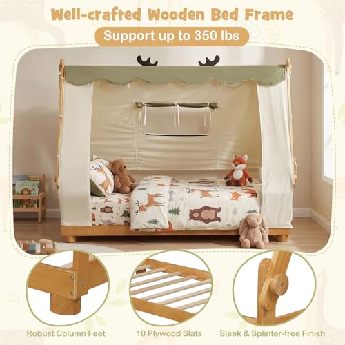 Twin House Floor Bed for Kids with Canopy, Fence Rails & Wood Slat Support