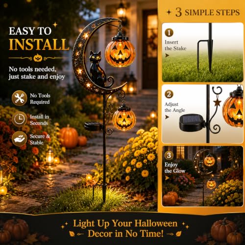 Solar Halloween Black Cat & Pumpkin Moon Outdoor Garden Stake Light