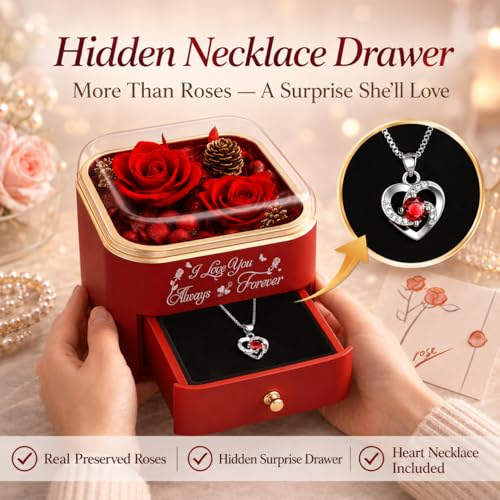 Red Preserved Rose Box with Necklace - Long Lasting Flower Gift for Women