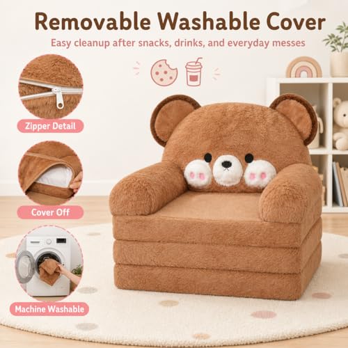 2-in-1 Fold Out Toddler Sofa Chair - Comfy Bear Kids Couch for Ages 1-4