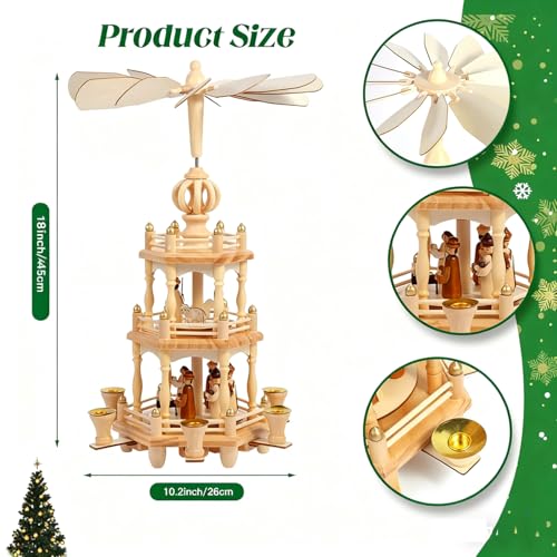 18-Inch Wooden Christmas Pyramid - 3-Tier Nativity Scene Candle Carousel