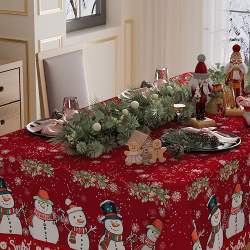 XCHI Red Snowman Christmas Tablecloth 60x84 Inch Washable Holiday Decor