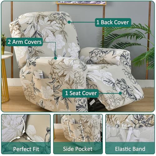 Floral Patterned Stretch Recliner Cover - 4 Piece Anti-Slip Protector