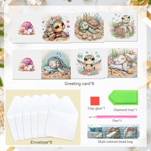 Antor Turtle Diamond Art Greeting Card Kit – 6 Pack with Envelopes, Glue, Pen & Bead Bag