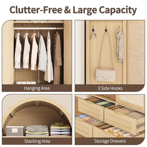 Arched Wood Wardrobe Closet with Rattan Doors and 4 Drawers