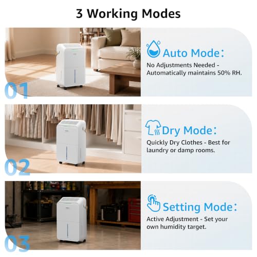 34 Pints Home Dehumidifier for Basement with Drain Hose & Smart Modes