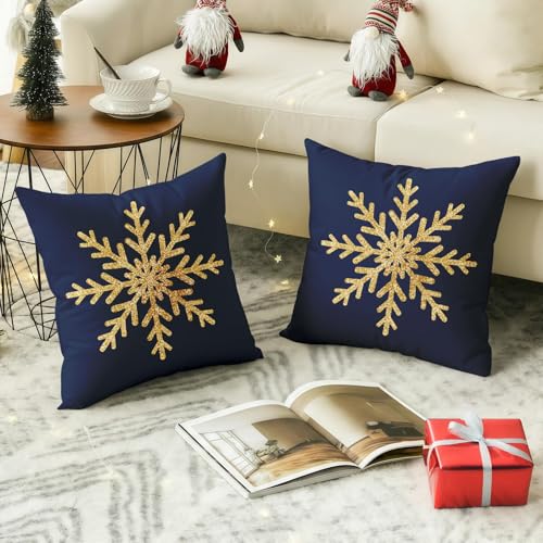 Blue Snowflake Gold Throw Pillow Covers Set of 2, 18x18 Inches - Emvency