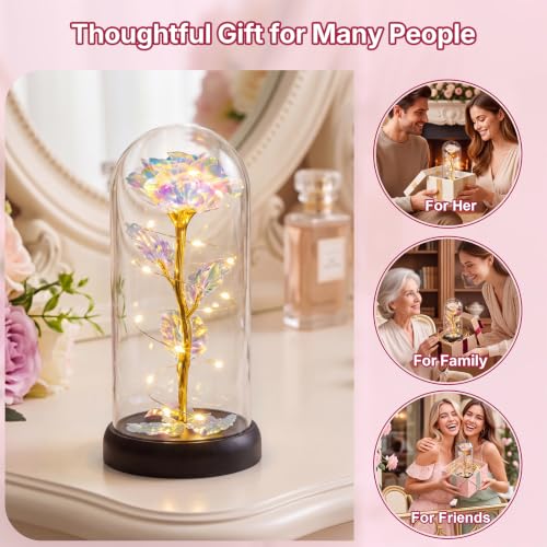 Otlonpe Colorful Preserved Glass Rose Flower Gift for Women, 7.1 Inch