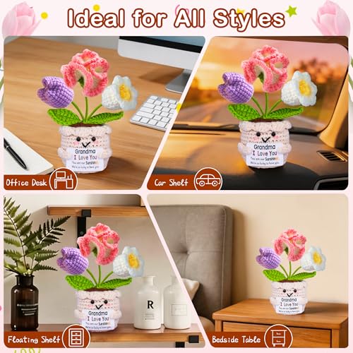 Handmade Crochet Flower Pot Gift for Grandma with Sentiment Card
