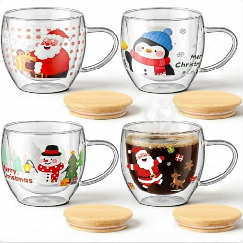 Christmas Double Walled Glass Mug Set with Lids - 8.5 oz Holiday Drinkware