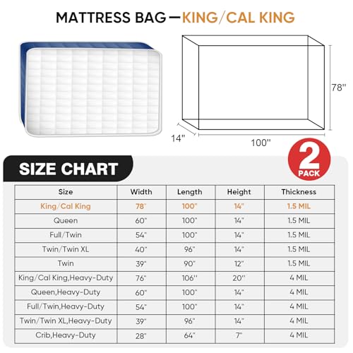 PROWEE 2-Pack King & Cal King Plastic Mattress Bags for Moving & Storage