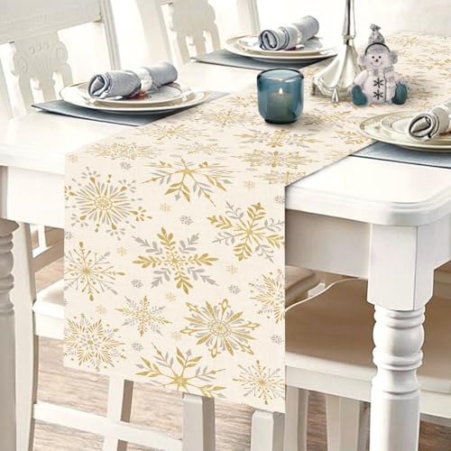 Winter Gold Snowflake Table Runner - Burlap & Glitter Gold Decor 13" x 72"