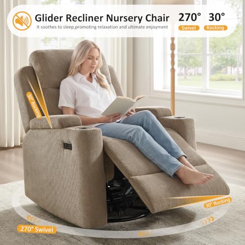 Power Nursery Glider Rocking Chair, Chenille Swivel Recliner with USB Ports