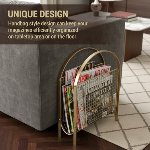 Mid-Century Brass Magazine Rack - Metal Wire Mesh Storage Basket