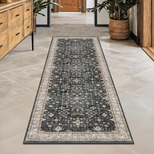 Hazo Haus Black Boho 2x6 Runner Rug Washable Non-Slip Floor Carpet