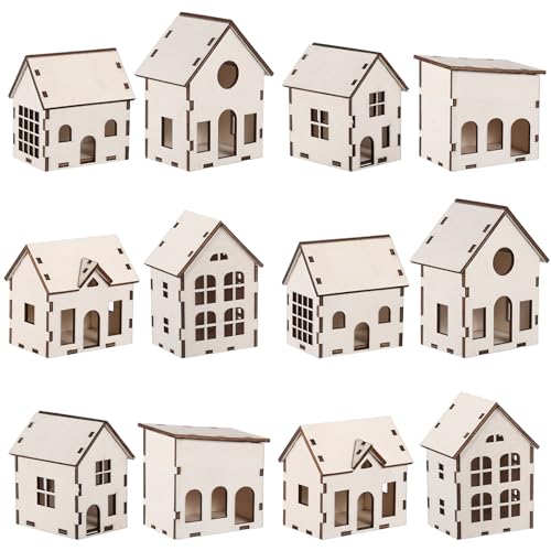 Hiboom 24 Pcs DIY Wooden Christmas Village House Set - Village House (6 Styles x 4 Each)