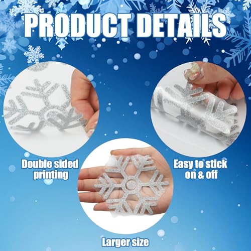 Augisteen 8 Sheets Extra Large Glitter Snowflake Window Clings - Reusable Double-Sided Xmas Window Decor