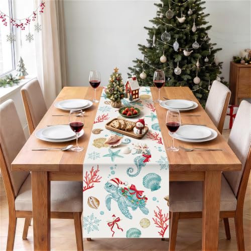 Bonhause 13 x 90 Inch Christmas Coastal Table Runner with Turtles & Seahorses