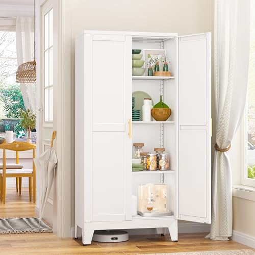 White Metal Kitchen Pantry Cabinet with 2 Doors & Adjustable Shelves