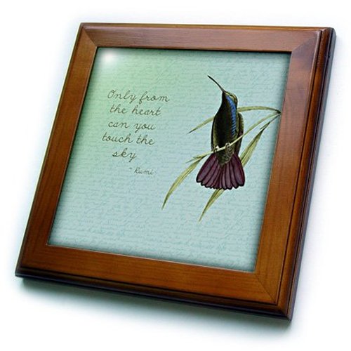 3dRose ft_130624_1 Hummingbird Vintage with Rumi Quote Inspirational Art Framed Tile, 8 by 8-Inch