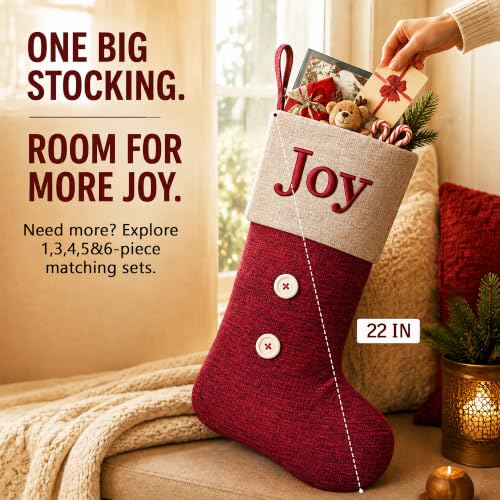 ElegantPark 6 Pack Large Red Christmas Stockings Burlap Embroidered, 22in Set
