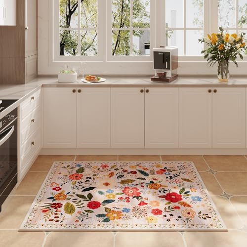 Boho Floral Washable Area Rug, 2x3 Non-Slip Low Pile Entryway Throw Mat