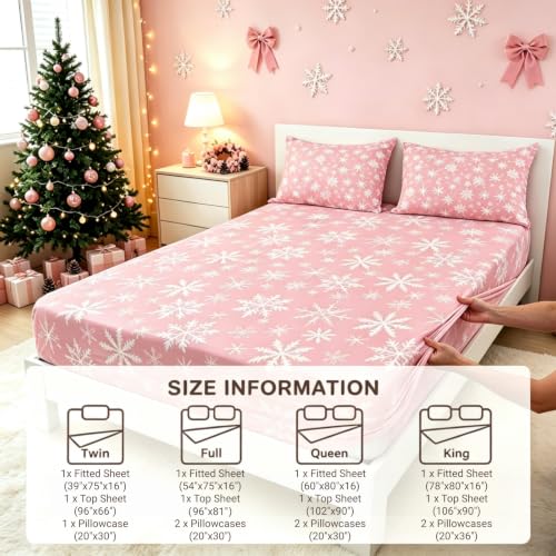 Christmas Queen Bed Sheets Set - Pink Snowflake Pattern, Erosebridal