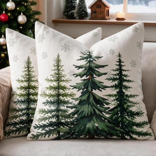 Smozenith 18x18 Inch Christmas Tree Forest Green Pillow Covers Set of 2 - Holiday Decor