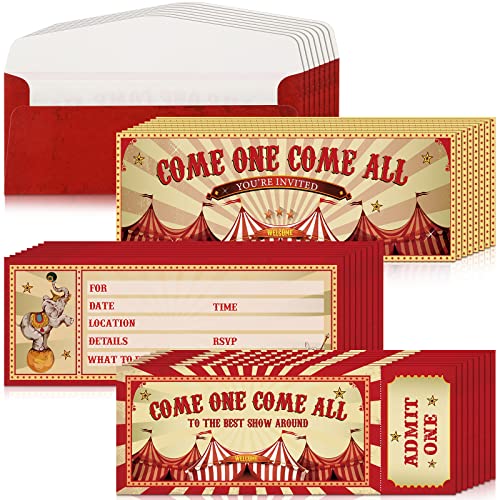 Vintage Circus Ticket Party Invitations with Envelopes, 25-Pack