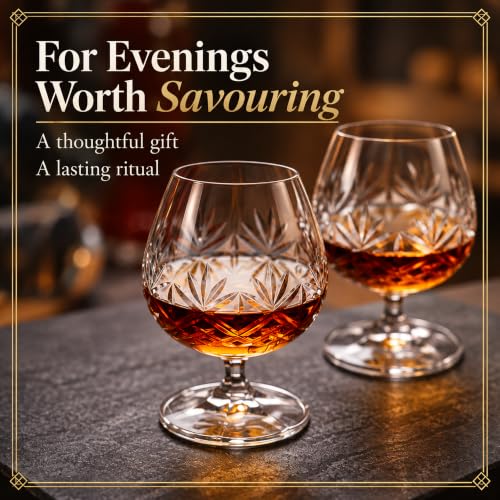 Hemswell Crystal Set of 2 Small Cognac Glasses - 8.5oz European Crystal Snifters for Whiskey & Brandy - Tapered Bowls, Hand Cut, Gift-Ready