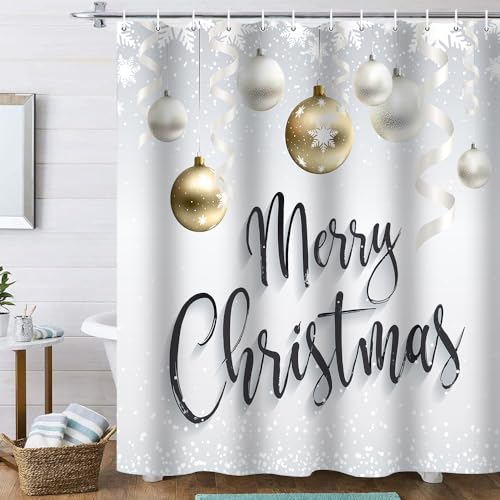 Onalasyc Christmas Bathroom Set with Gold Shower Curtain and Rugs - Festive Home Decor