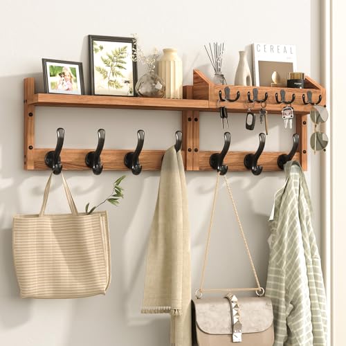 29-Inch Wall Mounted Coat Rack with Shelf and 11 Hooks, Wood Entryway Organizer