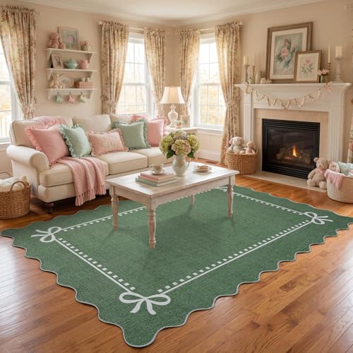 Green Scalloped Bow Christmas Rug 4x6 Area Rug Washable Nursery Decor