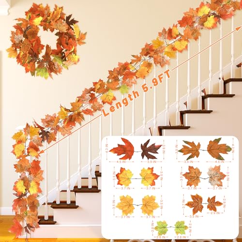Artificial Fall Maple Leaf Garland - 2 Pack 11.8ft Autumn Decor with Hooks