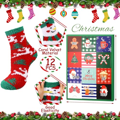 12 Pairs Christmas Fuzzy Socks Advent Calendar Unisex Holiday Warm Socks