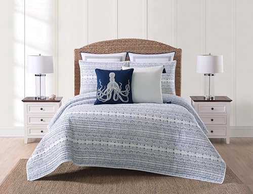 Coastal Style Twin XL Quilt Set - White & Blue Cotton, Oeko-TEX