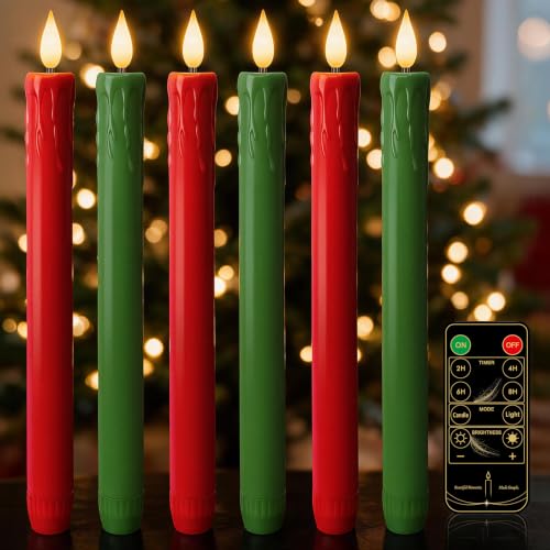 Homemory Real Wax 9.6 In Flameless Taper Candles, Red & Green with Remote Timer (Drip Taper), 6 Pack